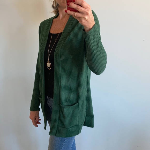Green, Waffle Texture Long Sleeve Open Cardigan - Picture 5 of 8